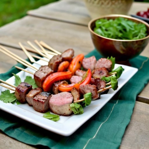 Стол с шашлыками из свинины, зеленью и овощами на пикнике.