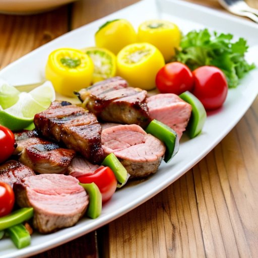 Цветная тарелка с шашлыками из курицы, индейки, говядины и свинины, украшенная свежими овощами и соусом.