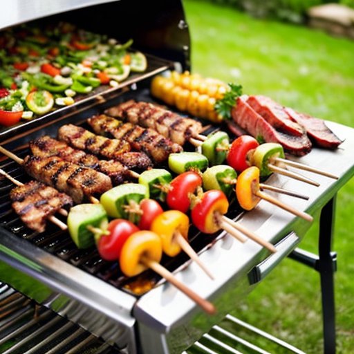 Барбекю на свежем воздухе с овощами и мясом на гриле, уютный пикник на фоне зелени.