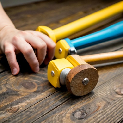 Разнообразные инструменты для тренировки рук на деревянной поверхности.