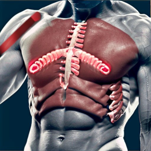 Изображение человеческой грудной клетки с выделенными межреберными мышцами на фоне спортивного инвентаря и символами дыхания.