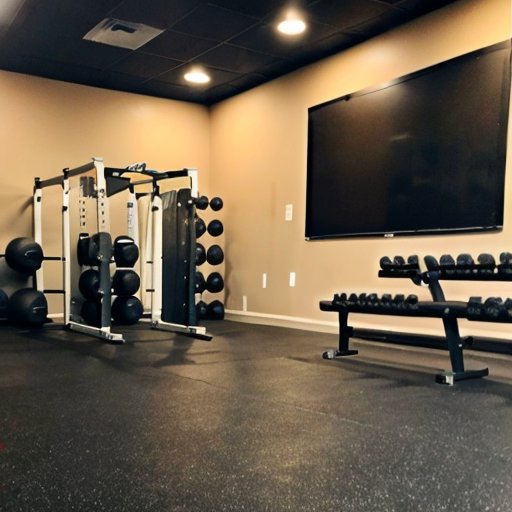 Организованное пространство для тренировок с оборудованием для укрепления рук: гантели, штанга, резинки и скамья на фоне мотивационного борда с цитатами о силе и фитнесе.