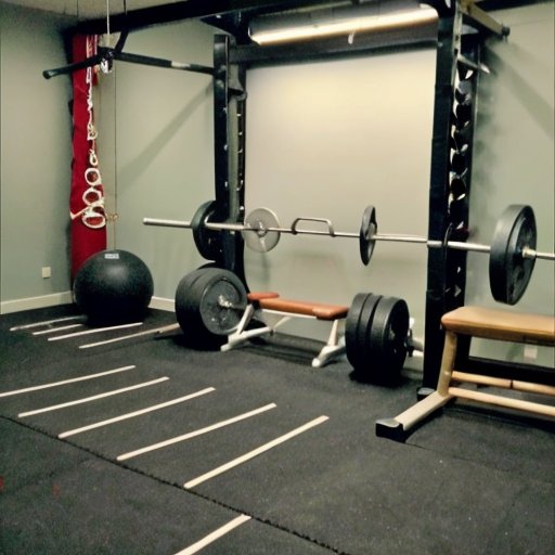 Тренировочный зал для армрестлинга с оборудованным столом, силовыми тренажерами и мотивационными постерами.