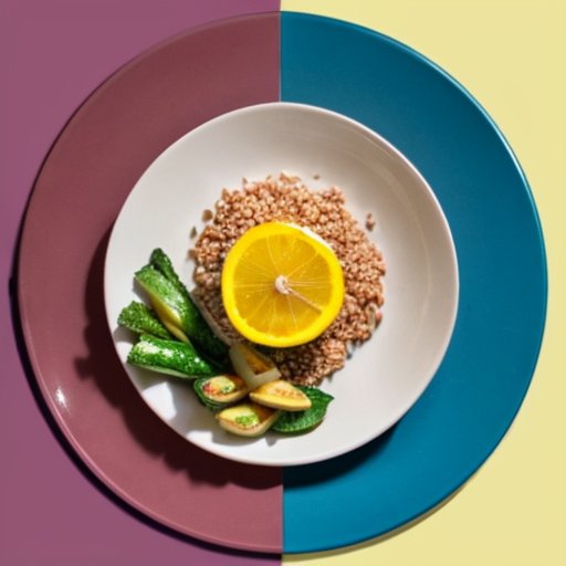 Сбалансированное питание: тарелка с фруктами, овощами, белками и цельными зернами, блокнот и ручка для планирования, спокойная обстановка с часами и ковриком для йоги.