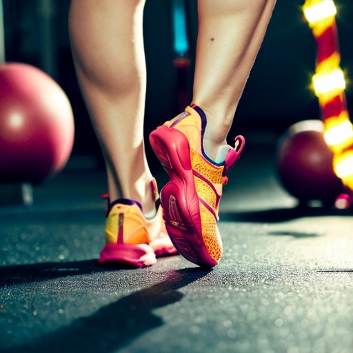 Энергичная фитнес-сцена с яркой скакалкой на переднем плане в освещенном зале.