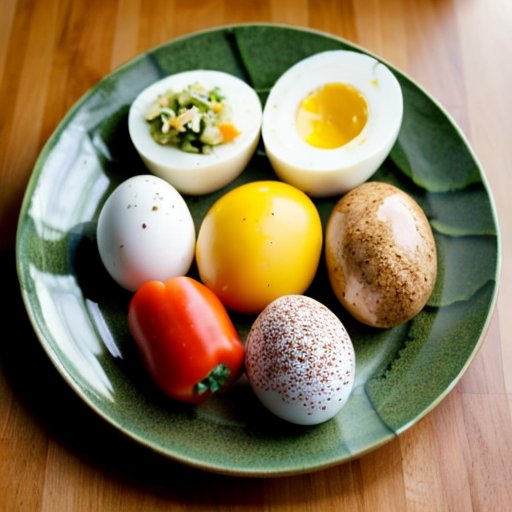 Тарелка с вареными яйцами в разных вариантах, окруженная овощами и приправами в уютной кухне.