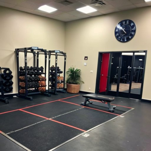 Организованный спортзал с оборудованием и зоной для приготовления здоровой пищи.