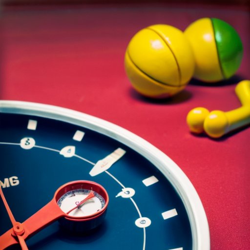 Сцена, символизирующая скорость реакции: секундомер, спортивный инвентарь, здоровая еда и уютная кровать.