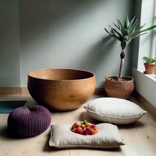 Спокойное минималистичное пространство для йоги и медитации с фруктами.