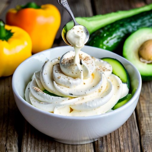 Чаша сметаны на деревянном столе с зеленью и низкоуглеводными овощами, символизирующая здоровое питание.