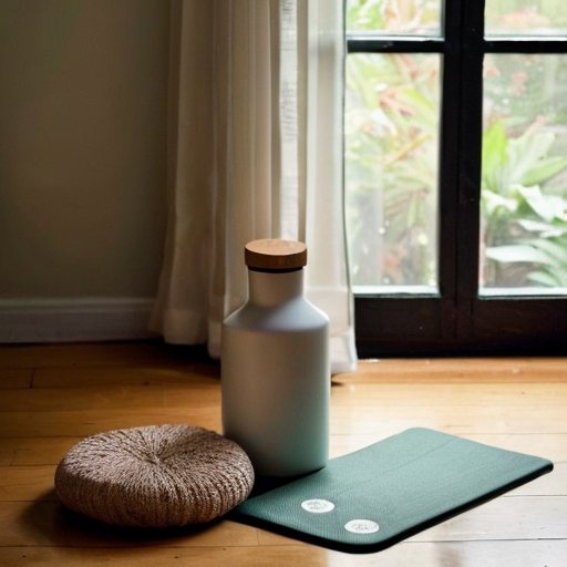 Спокойное пространство для йоги с матом, гантелями и растением.