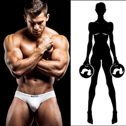 Силуэты трех соматотипов: эктоморф, мезоморф и эндоморф, на фоне фитнес-атрибутов.