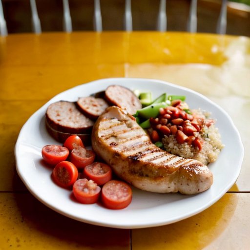 Здоровая тарелка с grilled chicken, киноа, овощами и фасолью, символ умеренности с сосиской и сантиметровой лентой для контроля веса.