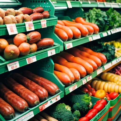 Яркий прилавок с колбасами и свежими овощами, акцент на здоровом питании.