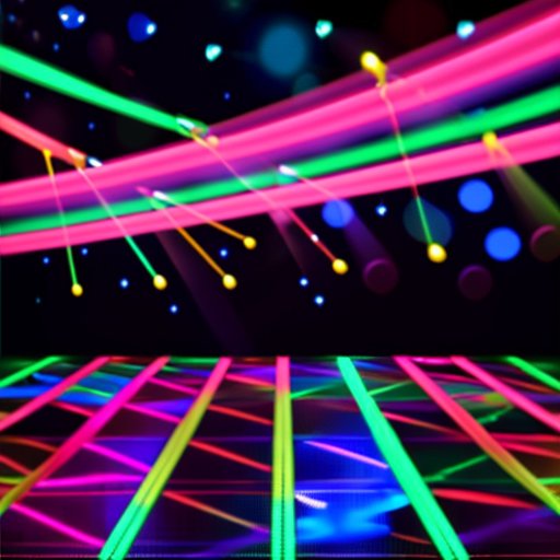 Яркий танцевальный пол с цветными огнями и абстрактными формами, символизирующими современные танцевальные стили.