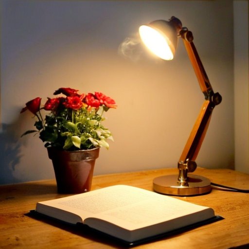 Открытая записная книжка на деревянном столе с цветами, чашкой чая и лампой, символизирующая личностный рост.