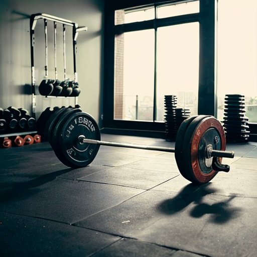 Организованный тренажёрный зал с штангой и свободными весами, отражающимися в зеркале.