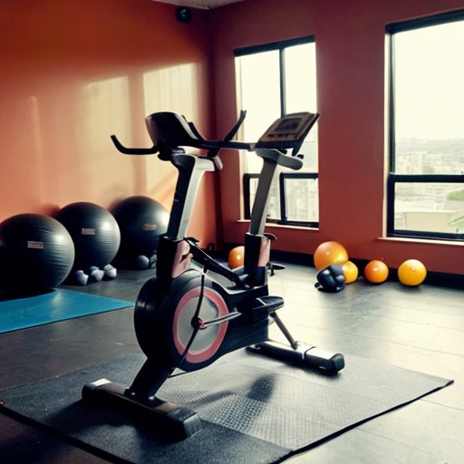 Современный степпер в ярком фитнес-студии с цветными ковриками и спортивным инвентарем.