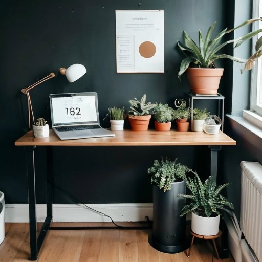 Современный офис с минималистичным стоячим столом, ноутбуком, бутылкой воды и растением. Яркие цвета для продуктивности.