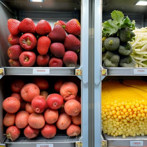 Современная лаборатория по сублимации фруктов и овощей, яркие подносы с нарезанными продуктами, высокотехнологичное оборудование.