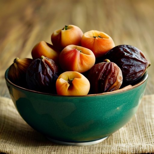 Элегантная деревянная чаша с разнообразием сушеных фруктов, окруженная зелеными листьями и рустикальной тканью.