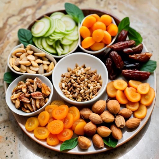 Деревянный поднос с разнообразными сухофруктами и орехами на фоне rustic кухни.