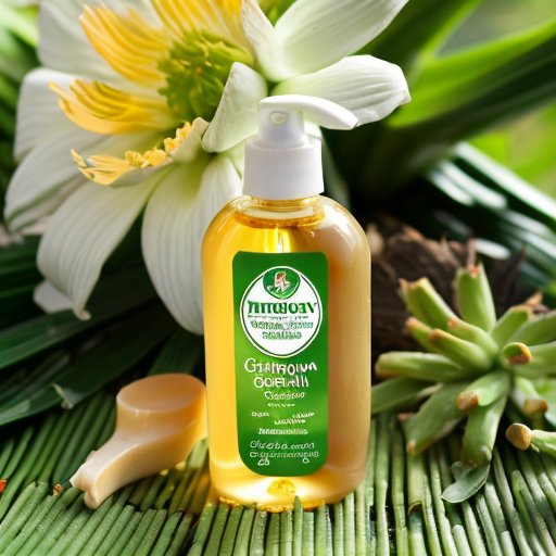 Шампунь без сульфатов с натуральными ингредиентами на фоне зелени.