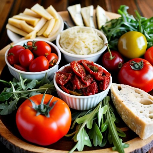 Деревянный стол с сушеными помидорами, сырами, зеленью и оливковым маслом.