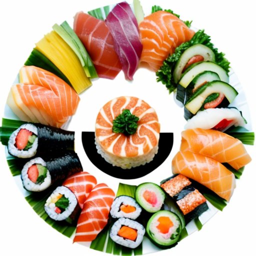 Эстетически оформленный набор суши с роллами, нигири и сашими на простом фоне, с овощами и морскими водорослями, отображающий калорийность.