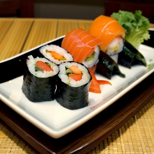 Плато с разнообразными суши и роллами на деревянном столе.