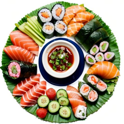 Элегантная тарелка с разнообразным суши: нигири, маки и сашими, свежие овощи и соевый соус.