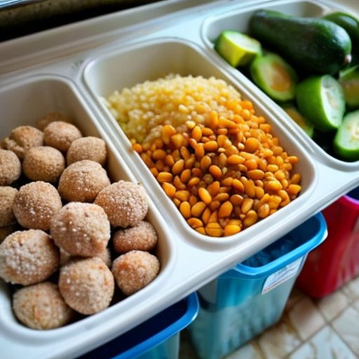 Здоровое питание: Meal prep с овощами, курицей, киноа и авокадо.