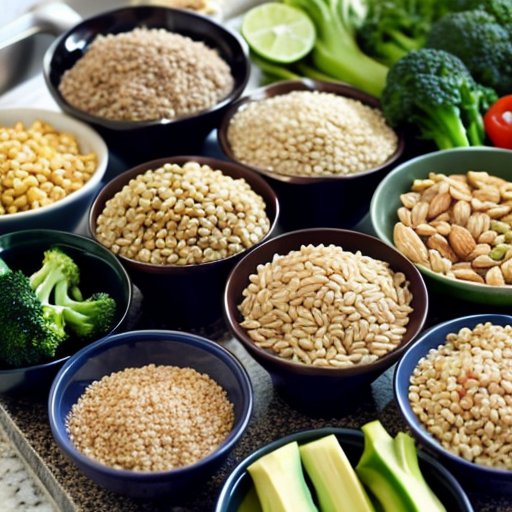 Чистая кухня с полезными продуктами для похудения: куриная грудка, рыба, овощи, цельные злаки, авокадо, орехи, весы и контейнер для еды.