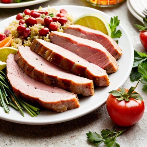 Эстетически оформленная тарелка с мясом свинины, свежими травами и цельными злаками, дополненная яркими фруктами и овощами.