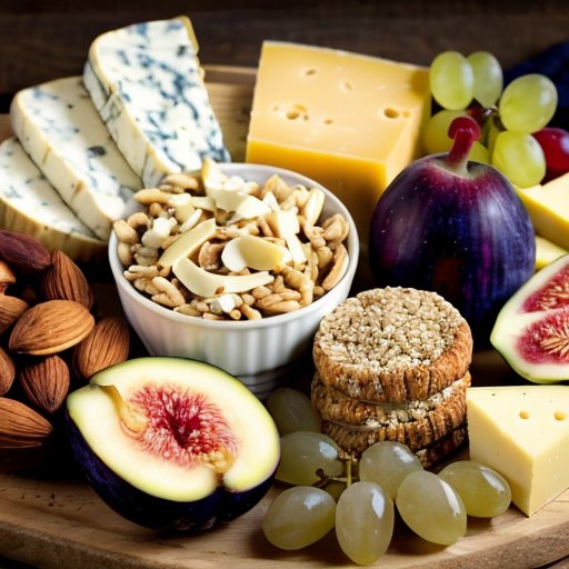 Разноцветная тарелка сыров с фруктами и орехами на деревянной доске в уютной кухне.