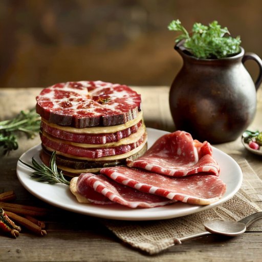 Деревянный стол с разнообразными вялеными мясами и травами, знак