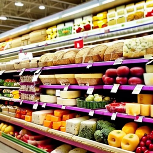 Полка с низкокалорийными сырами: рикотта, фета, козий сыр на фоне ярких фруктов и овощей.