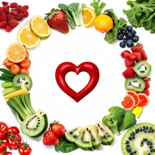 Яркая тарелка со здоровой пищей, весы и символ сердца на фоне.