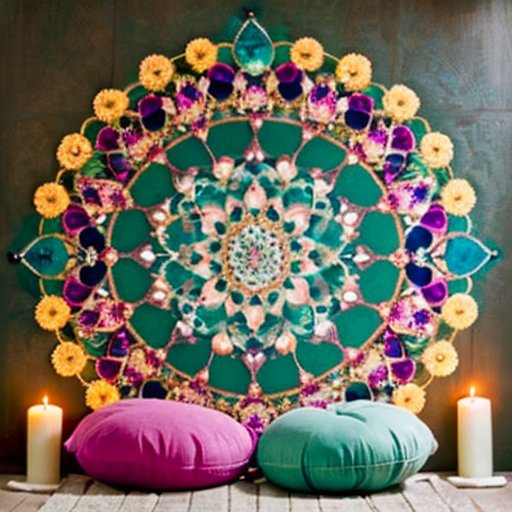 Спокойное пространство для йоги с яркими мандалами, мягкими подушками и алтарем с свечами и кристаллами на фоне природы.