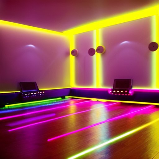 Уютный интерьер с ярким танцевальным полом, разбросанными танцевальными туфлями, зеркалом и музыкальным динамиком.