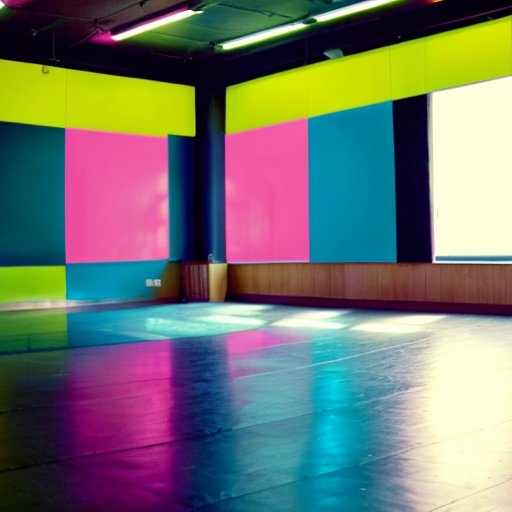 Яркая танцевальная студия с цветными лентами, полированным полом и стильной обувью в центре.