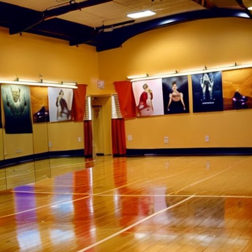 Яркая танцевальная студия с разноцветным паркетом, зеркалами и обувью вдоль стен. Постер с различными стилями танца и анатомическими иллюстрациями.