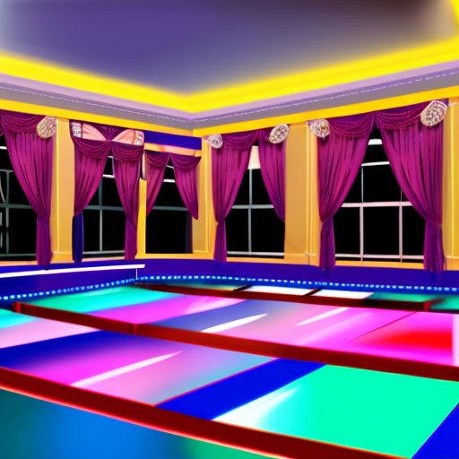 Яркая танцевальная студия с цветными полами, зеркалами и разнообразной танцевальной обувью.