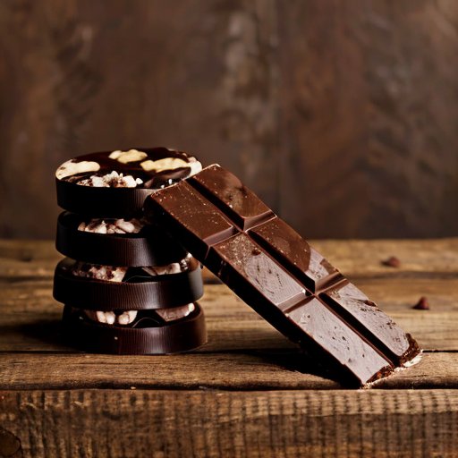 Темный шоколад на деревянном столе, окруженный какао-бобами и калипсой, с мерной лентой.