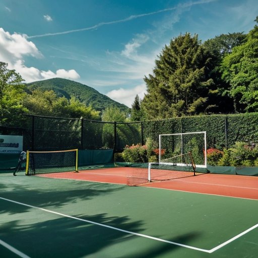 Яркий теннисный корт среди зелени с ракеткой и мячом, ясное небо и табло.