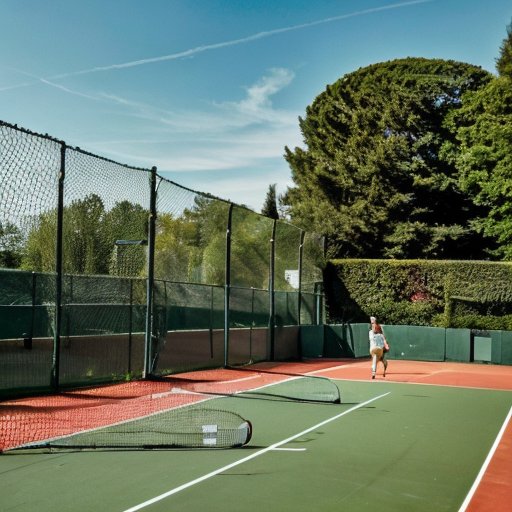 Яркий теннисный корт с зеленью и спортивным инвентарем, символизирующий здоровье и активный образ жизни.