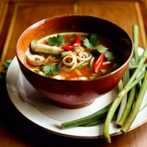 Яркая чаша супа Том Ям с ключевыми ингредиентами: лимонная трава, листья кафир-лайма, галангал и красные чили, на фоне деревянного стола с тайскими трав