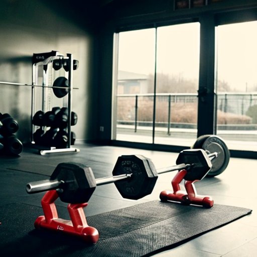 Организованное пространство тренажерного зала с весами, штангой и резиновым жгутом на коврике; на стене постер с анатомией трапециевидных мышц и