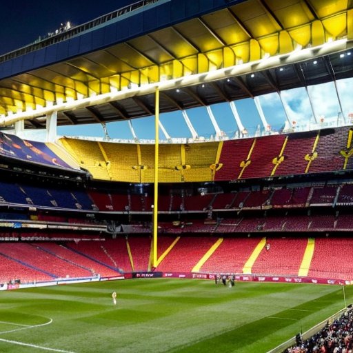 Яркий футбольный стадион с баннерами FC Barcelona и тактической доской.