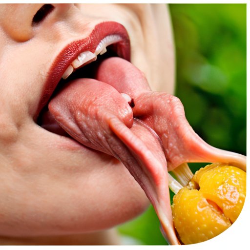 Анатомическая иллюстрация языка с мышцами и структурой, окруженная здоровой пищей и элементами для тренировки языка.